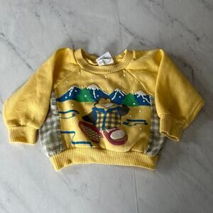 Vintage 80’s kidstuff yellow sweatshirt penguin snow mountains boy girl 12 month